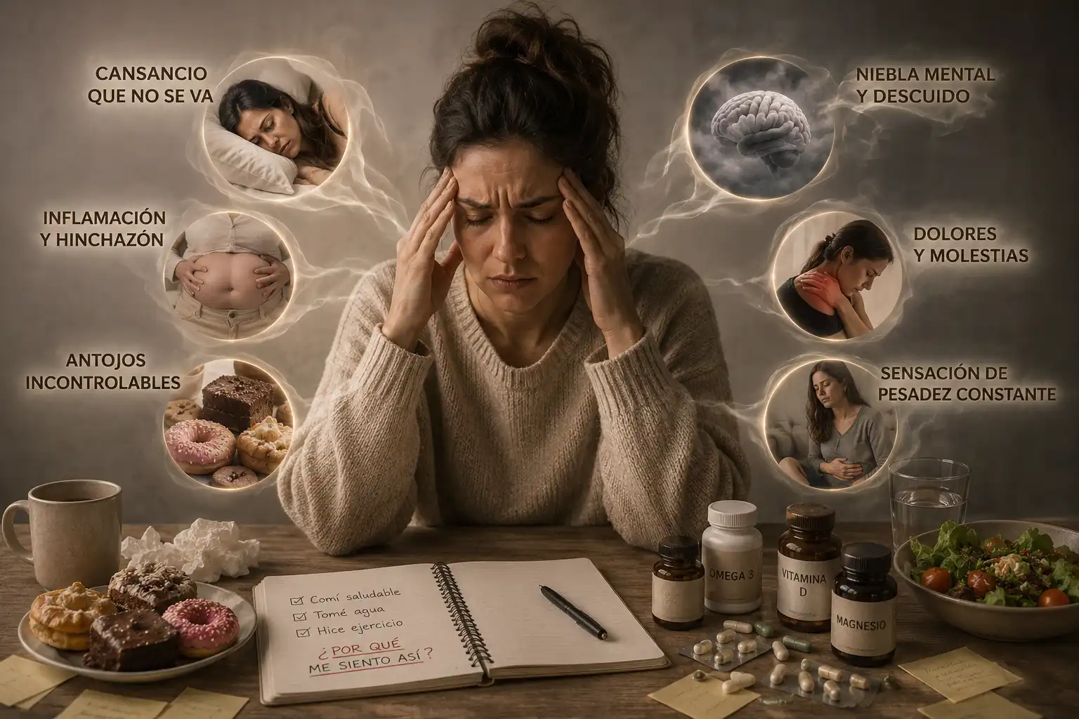 Síntomas: cansancio, niebla mental, inflamación, antojos, dolores y pesadez